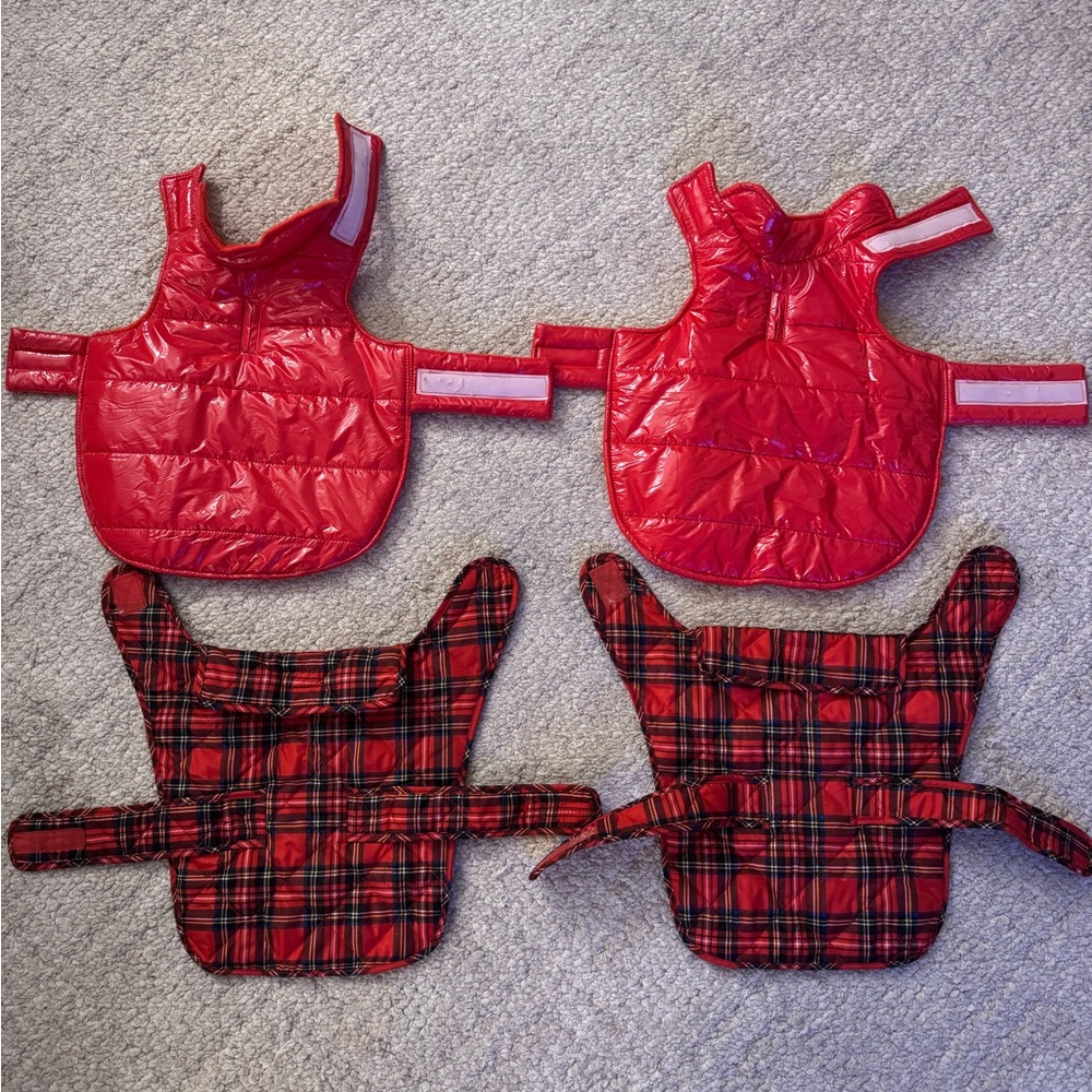 Set of 4 Shiny and Plaid Red Pet Puffer Vest Set